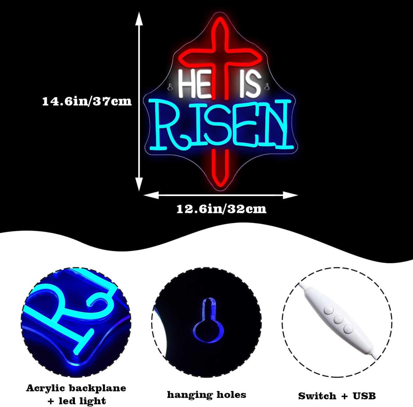 He Is Risen Neon Sign,Red Jesus Cross Neon Light,Led Sign Letters Neon Light for Wall Decor,Usb Light up Sign for Wall Decor, Bedroom, Christian Decor, Religious Room,Christening Day Decor