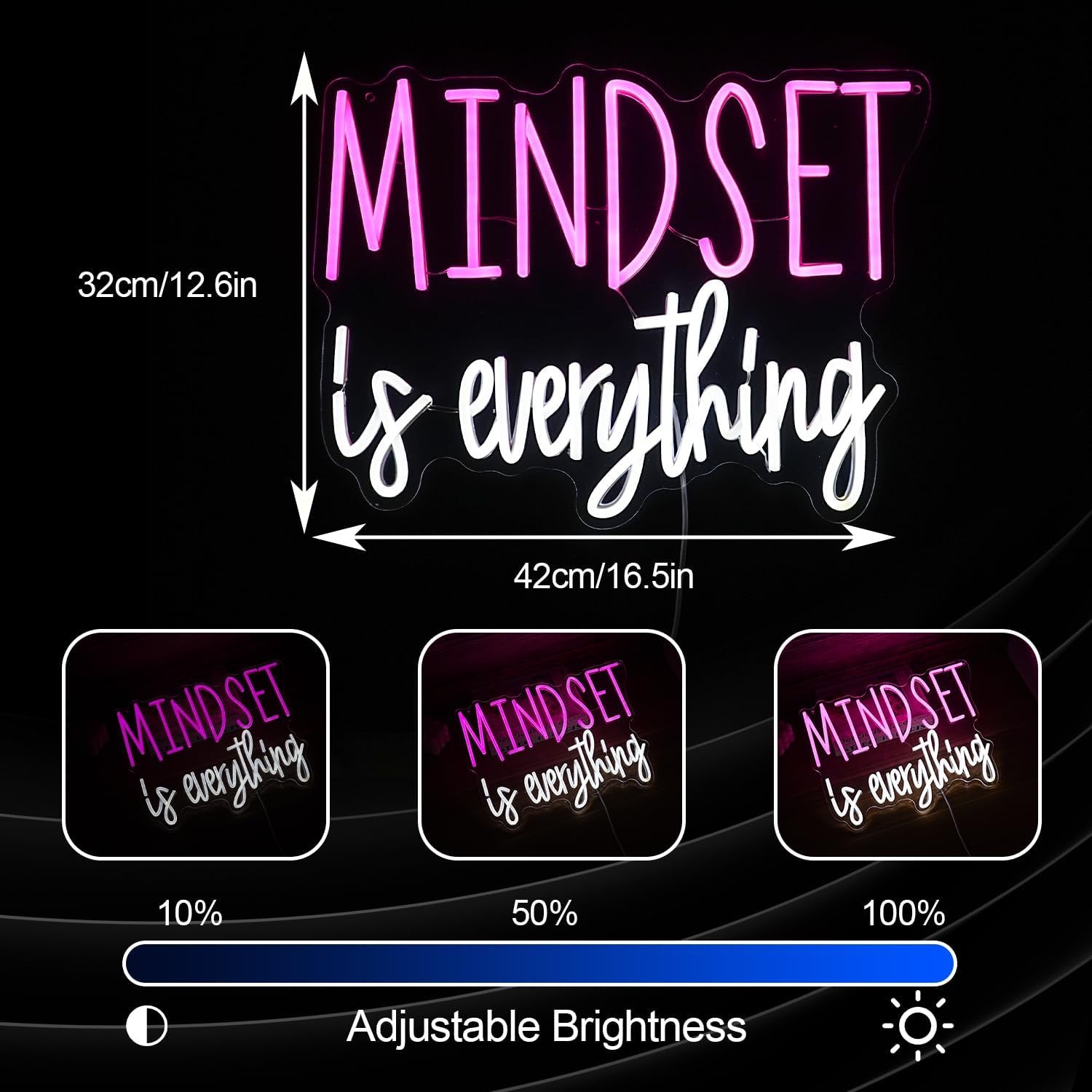 Mindset Is Everything Neon Sign Dimmable Inspirational LED Light up Sign for Wall Decor USB Powered Positive Quotes Motivational Neon Light for Office School Home Led Decor (Pink White)