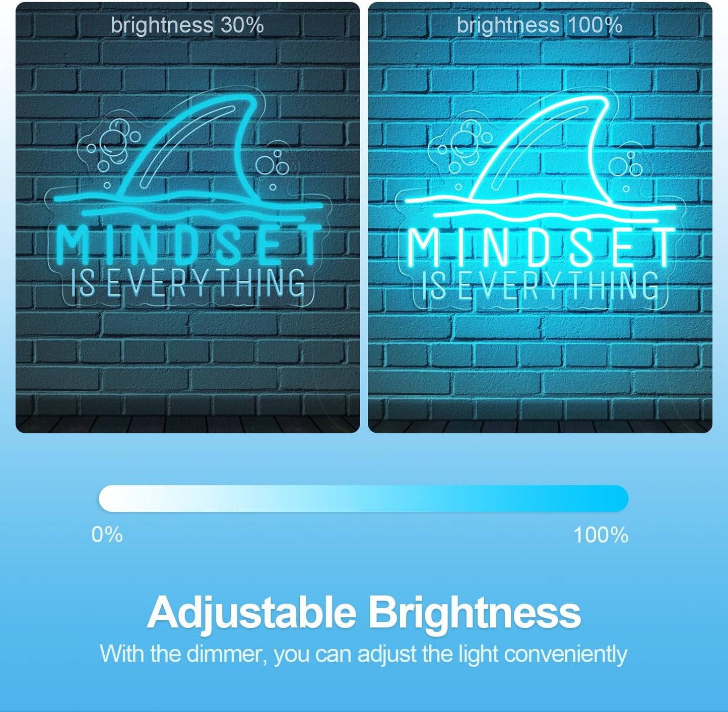 Mindset Is Everything Neon Sign Wall Art Decor, Motivational Inspirational Shark Neon Light Sign, Ice Blue Dimmable Led Light up Sign Gifts for Room Wall Decor