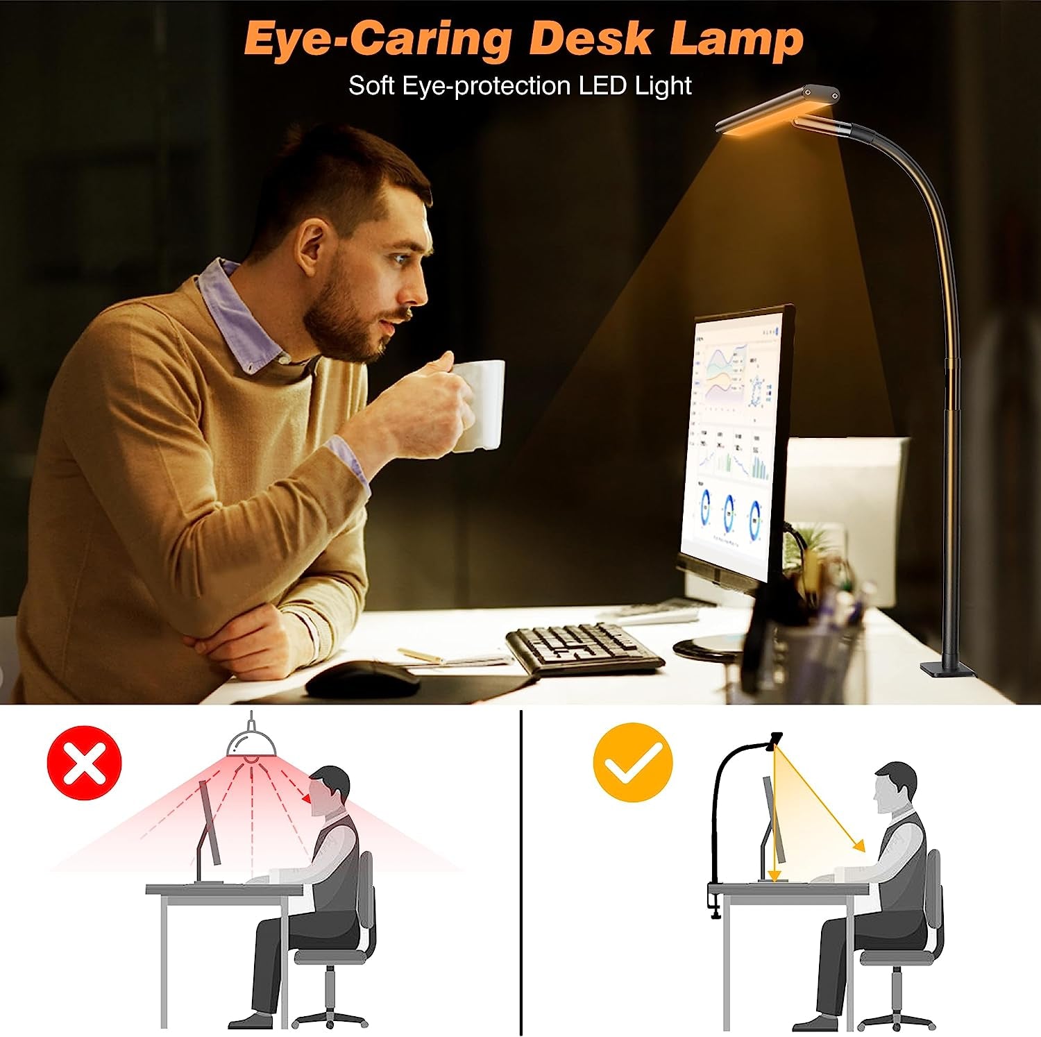 LED Desk Lamp for Office Home, Eye-Caring Desk Light with Stepless Dimming Adjustable Flexible Gooseneck, 10W USB Adapter Desk Lamp with Clamp for Reading, Study, College Dorm Room Essentials