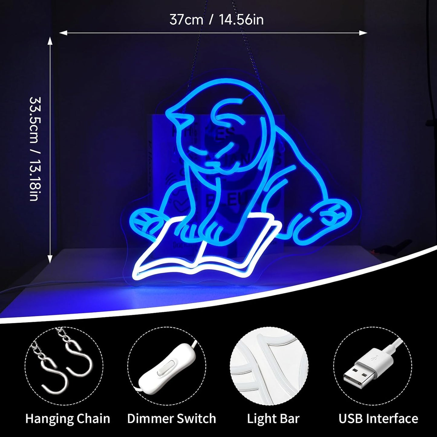 Cat Reading Book Neon Sign Led Light up Signs for Wall Decor Usb Powered Neon Light Signs Indoor Light for Room Decor Holiday Gift