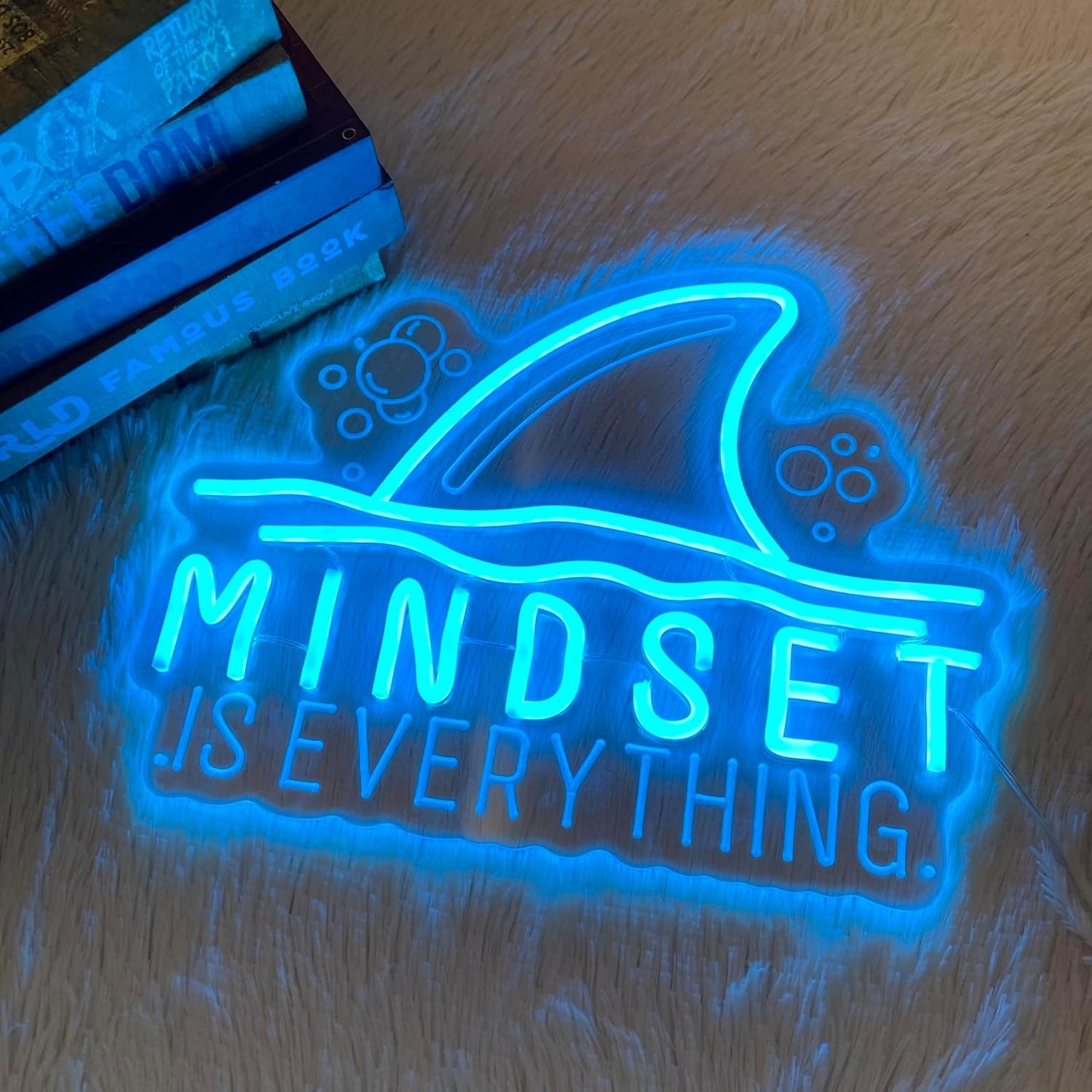 Mindset Is Everything Neon Sign Wall Art Decor, Motivational Inspirational Shark Neon Light Sign, Ice Blue Dimmable Led Light up Sign Gifts for Room Wall Decor