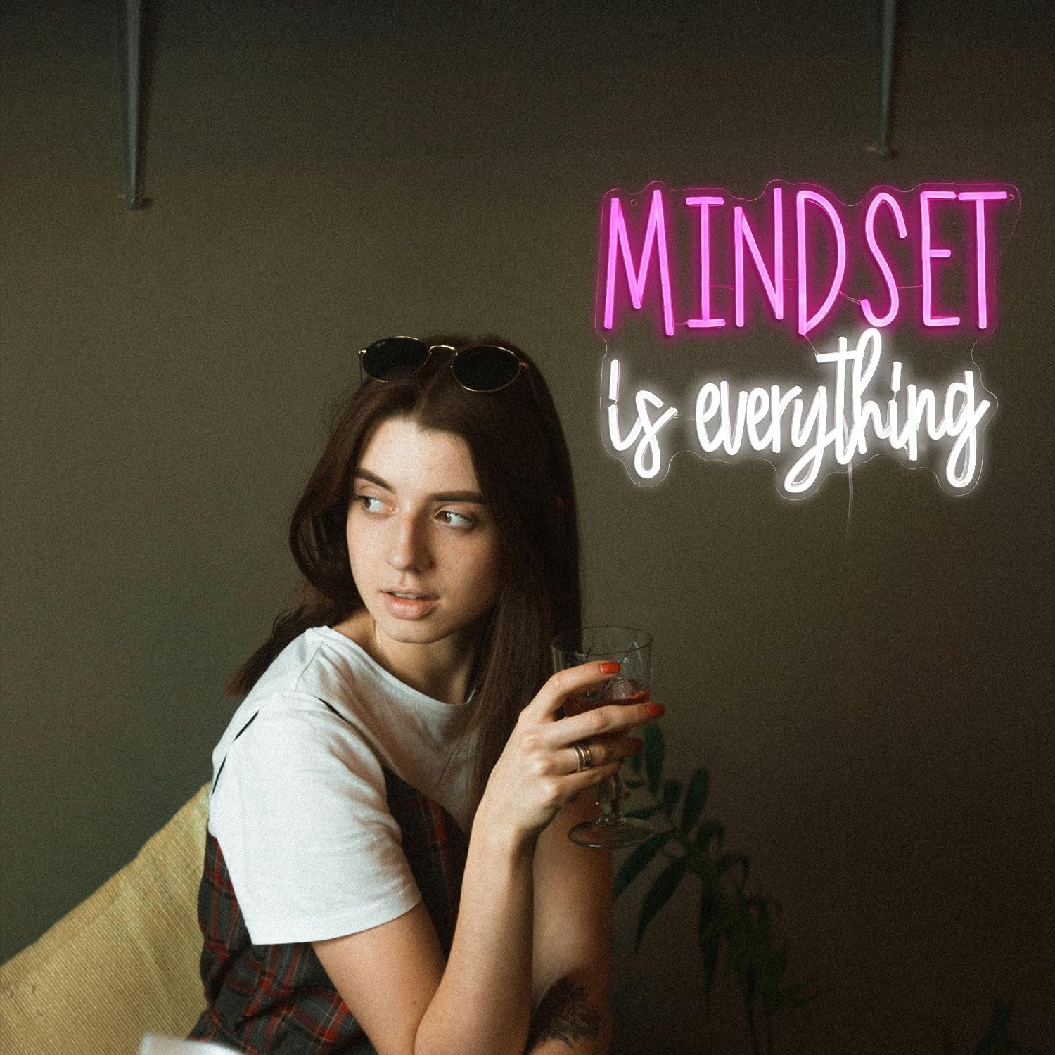 Mindset Is Everything Neon Sign Dimmable Inspirational LED Light up Sign for Wall Decor USB Powered Positive Quotes Motivational Neon Light for Office School Home Led Decor (Pink White)