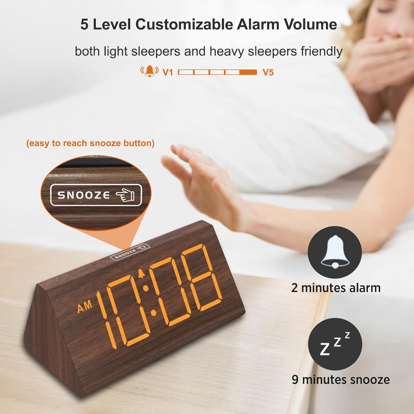 Wooden Digital Alarm Clocks for Bedrooms - Electric Desk Clock with Large Numbers, USB Port, Loud Alarm for Heavy Sleepers, Adjustable Volume, Dimmer, Snooze, DST, 12/24H, Wood Décor (Brown)