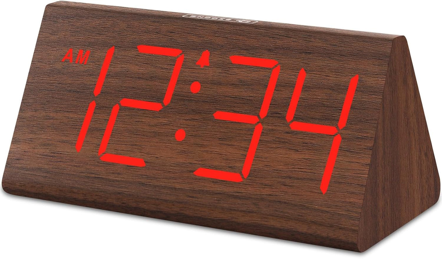 Wooden Digital Alarm Clocks for Bedrooms - Electric Desk Clock with Large Numbers, USB Port, Loud Alarm for Heavy Sleepers, Adjustable Volume, Dimmer, Snooze, DST, 12/24H, Wood Décor (Brown)