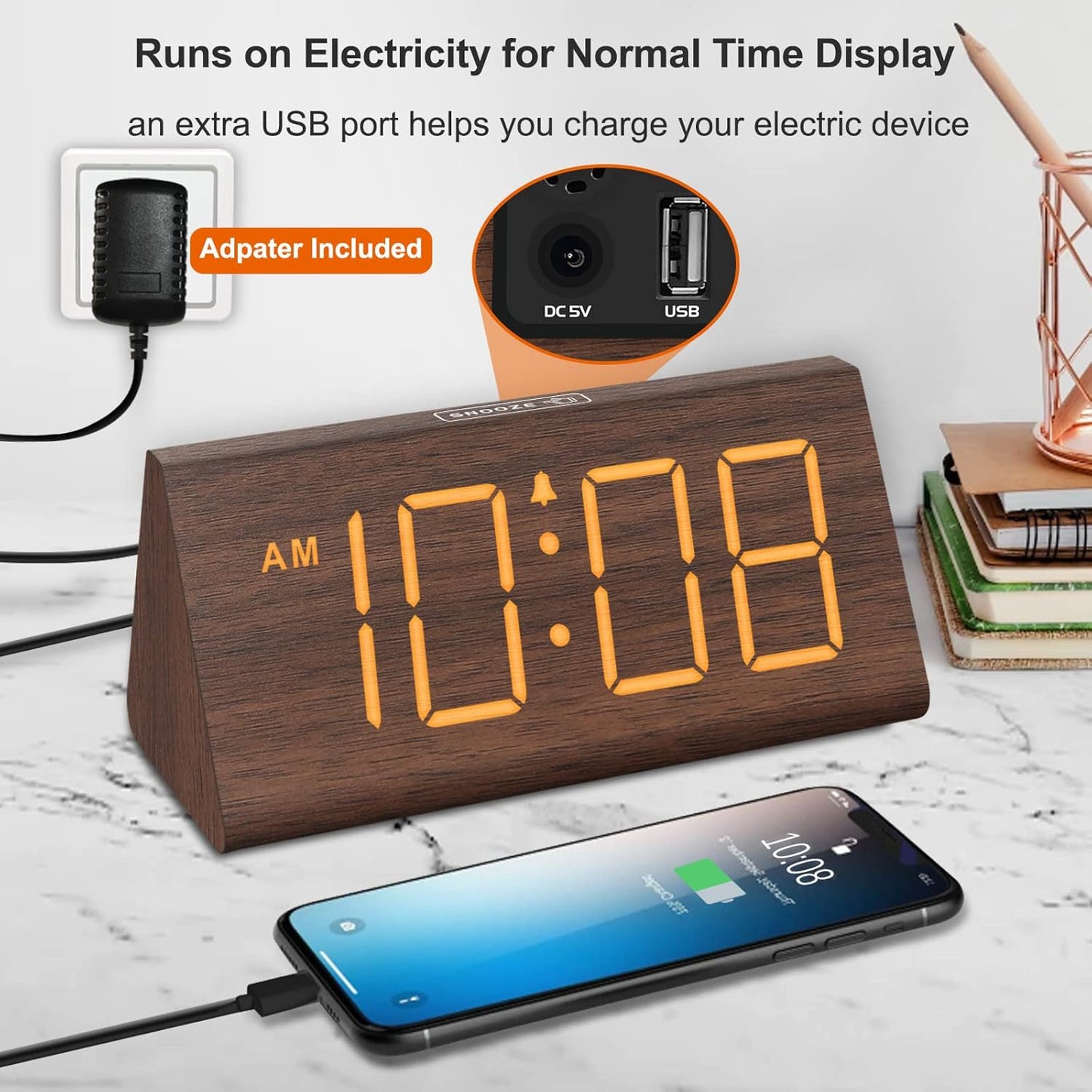 Wooden Digital Alarm Clocks for Bedrooms - Electric Desk Clock with Large Numbers, USB Port, Loud Alarm for Heavy Sleepers, Adjustable Volume, Dimmer, Snooze, DST, 12/24H, Wood Décor (Brown)