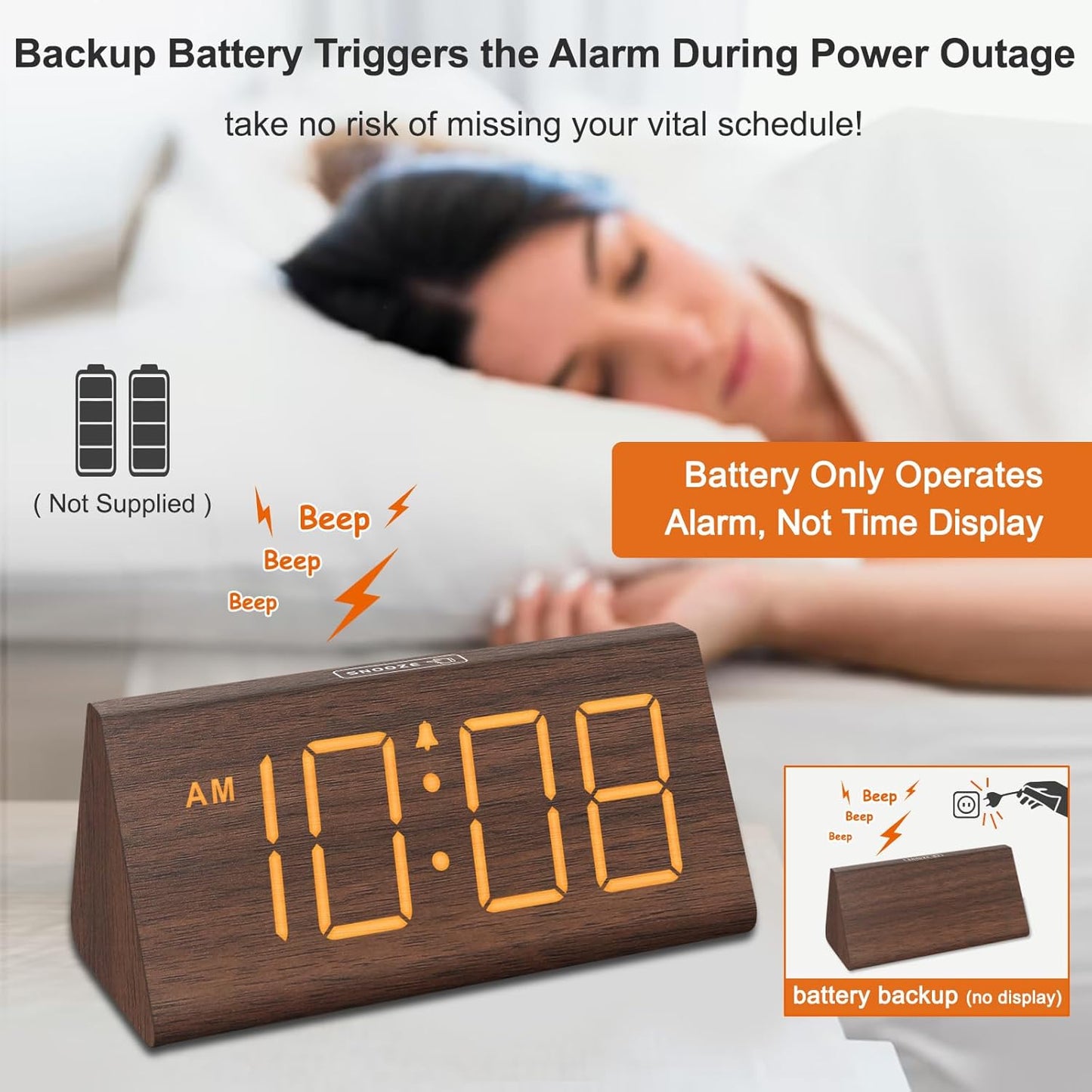 Wooden Digital Alarm Clocks for Bedrooms - Electric Desk Clock with Large Numbers, USB Port, Loud Alarm for Heavy Sleepers, Adjustable Volume, Dimmer, Snooze, DST, 12/24H, Wood Décor (Brown)