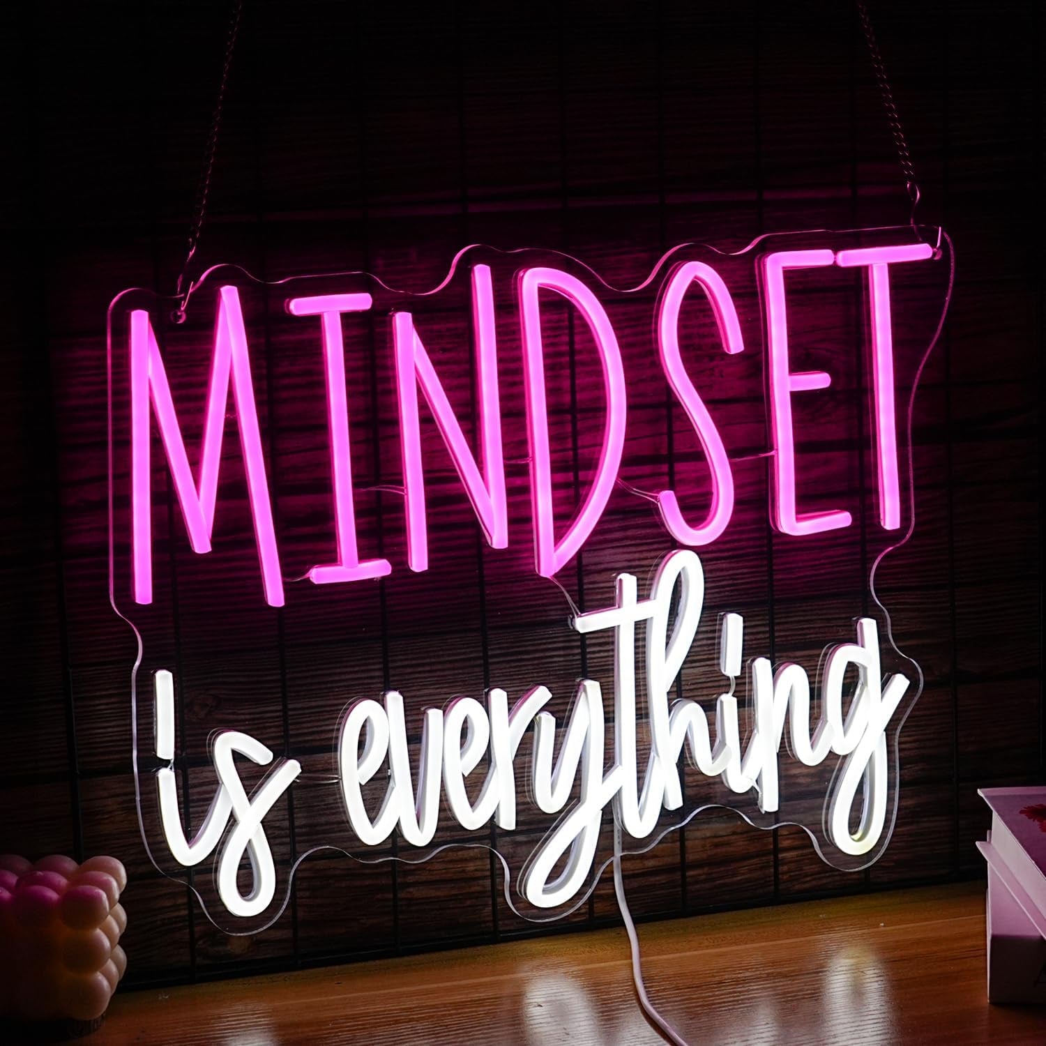 Mindset Is Everything Neon Sign Dimmable Inspirational LED Light up Sign for Wall Decor USB Powered Positive Quotes Motivational Neon Light for Office School Home Led Decor (Pink White)