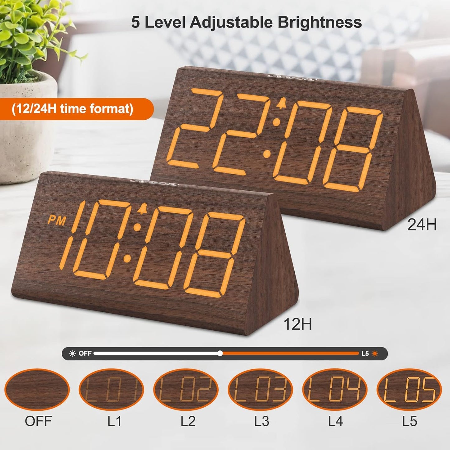 Wooden Digital Alarm Clocks for Bedrooms - Electric Desk Clock with Large Numbers, USB Port, Loud Alarm for Heavy Sleepers, Adjustable Volume, Dimmer, Snooze, DST, 12/24H, Wood Décor (Brown)