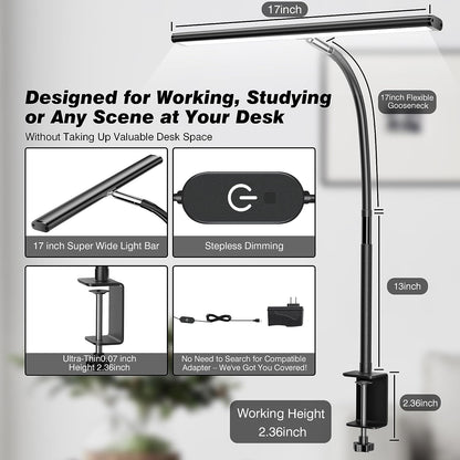 LED Desk Lamp for Office Home, Eye-Caring Desk Light with Stepless Dimming Adjustable Flexible Gooseneck, 10W USB Adapter Desk Lamp with Clamp for Reading, Study, College Dorm Room Essentials