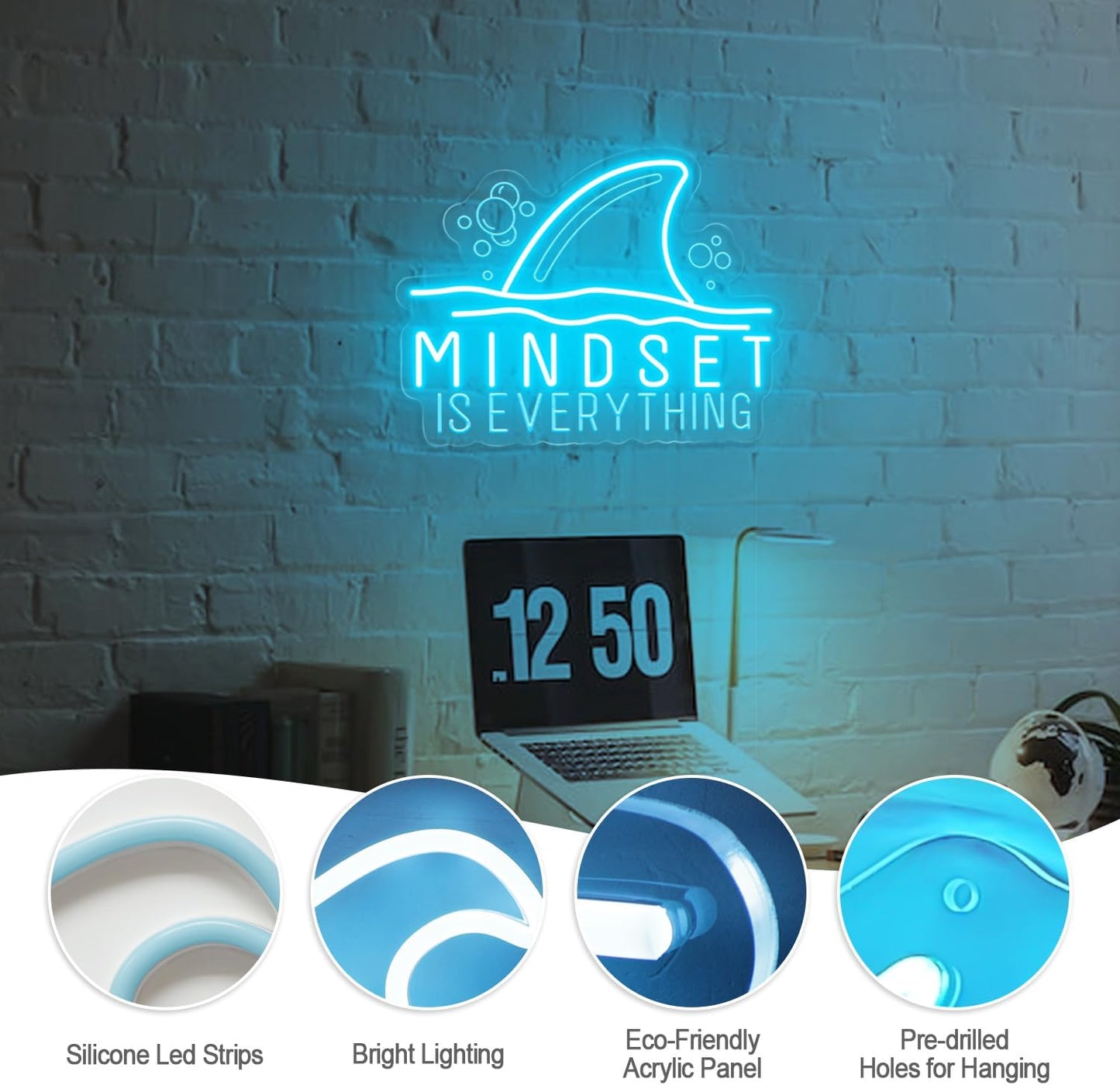 Mindset Is Everything Neon Sign Wall Art Decor, Motivational Inspirational Shark Neon Light Sign, Ice Blue Dimmable Led Light up Sign Gifts for Room Wall Decor