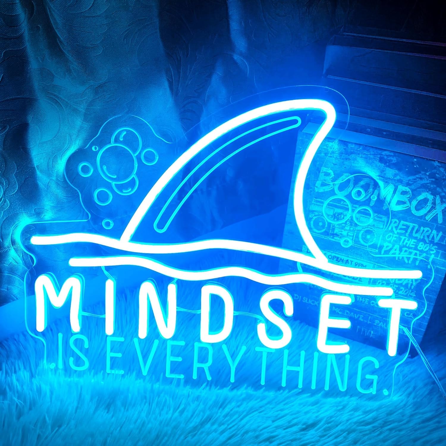 Mindset Is Everything Neon Sign Wall Art Decor, Motivational Inspirational Shark Neon Light Sign, Ice Blue Dimmable Led Light up Sign Gifts for Room Wall Decor