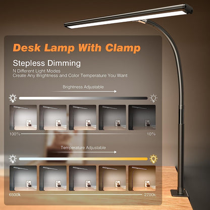 LED Desk Lamp for Office Home, Eye-Caring Desk Light with Stepless Dimming Adjustable Flexible Gooseneck, 10W USB Adapter Desk Lamp with Clamp for Reading, Study, College Dorm Room Essentials