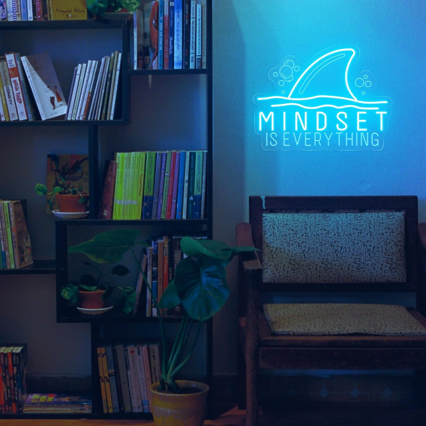 Mindset Is Everything Neon Sign Wall Art Decor, Motivational Inspirational Shark Neon Light Sign, Ice Blue Dimmable Led Light up Sign Gifts for Room Wall Decor