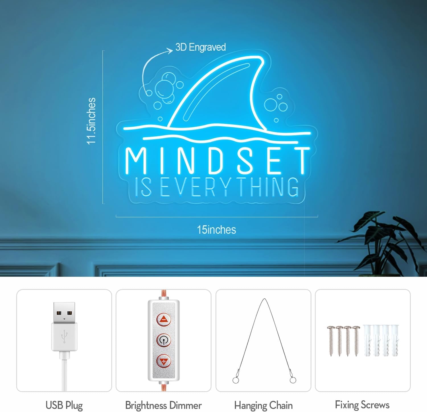 Mindset Is Everything Neon Sign Wall Art Decor, Motivational Inspirational Shark Neon Light Sign, Ice Blue Dimmable Led Light up Sign Gifts for Room Wall Decor